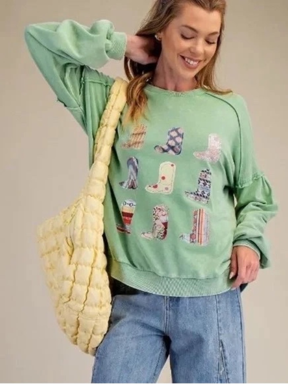 easel Mint Green Crewneck Sweatshirt with Boot Patch Graphic